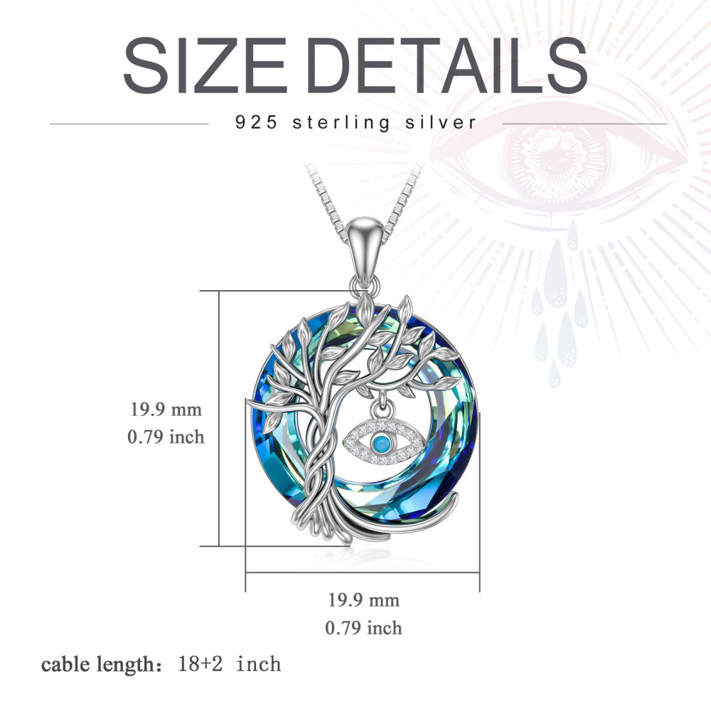 Sterling Silver Circular Shaped Tree Of Life & Evil Eye Crystal Pendant Necklace-4