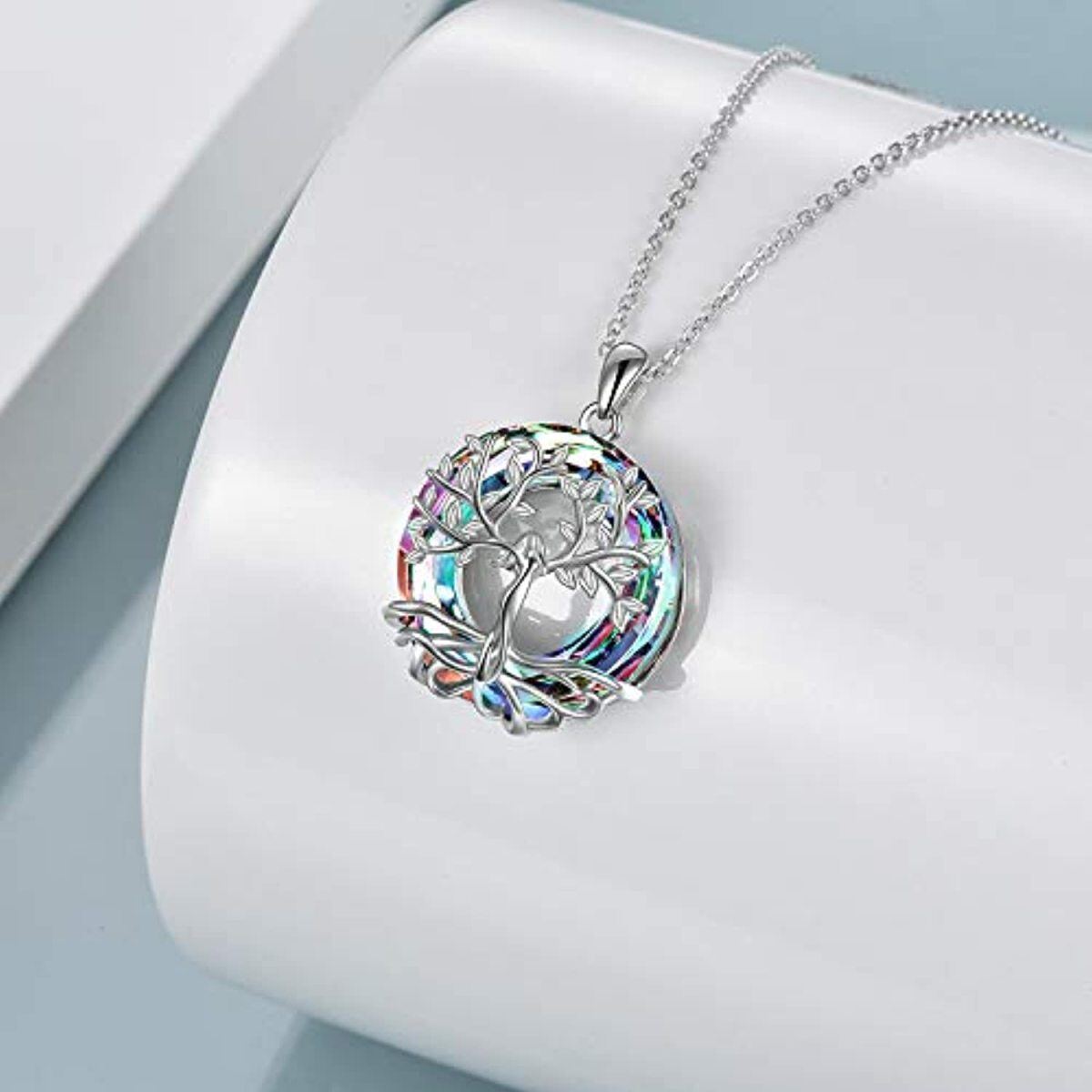 Sterling Silver Circular Shaped Tree Of Life & Fairy Crystal Pendant Necklace-3