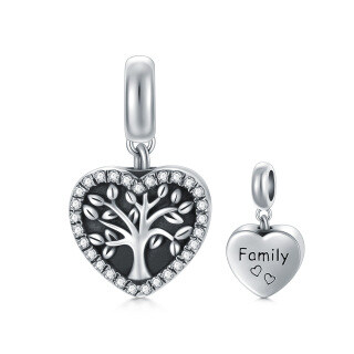 Sterling Silver Circular Shaped Cubic Zirconia Tree Of Life & Heart Dangle Charm with Engraved Word-55