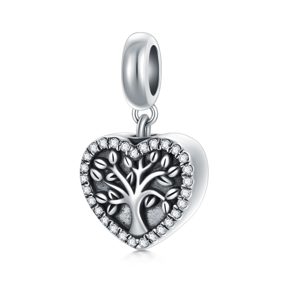 Sterling Silver Circular Shaped Cubic Zirconia Tree Of Life & Heart Dangle Charm with Engraved Word-5