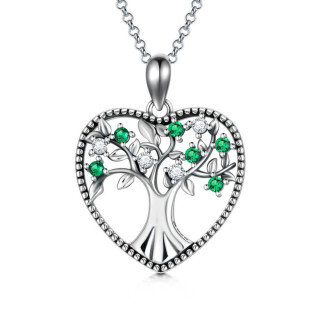 Sterling Silver Circular Shaped Cubic Zirconia Tree Of Life & Heart Pendant Necklace-59