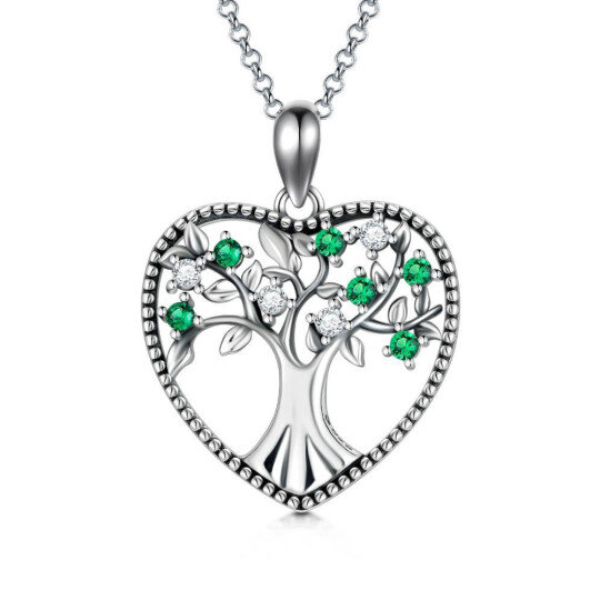 Sterling Silver Circular Shaped Cubic Zirconia Tree Of Life & Heart Pendant Necklace