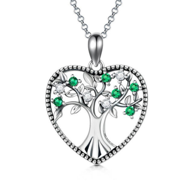 Sterling Silver Circular Shaped Cubic Zirconia Tree Of Life & Heart Pendant Necklace-5