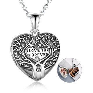 Sterling Silver Circular Shaped Cubic Zirconia Tree Of Life & Heart Personalized Photo Locket Necklace with Engraved Word-2