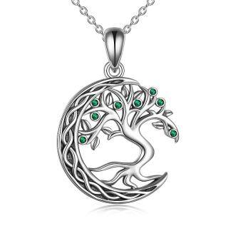 Sterling Silver Circular Shaped Cubic Zirconia Tree Of Life & Moon Pendant Necklace-56