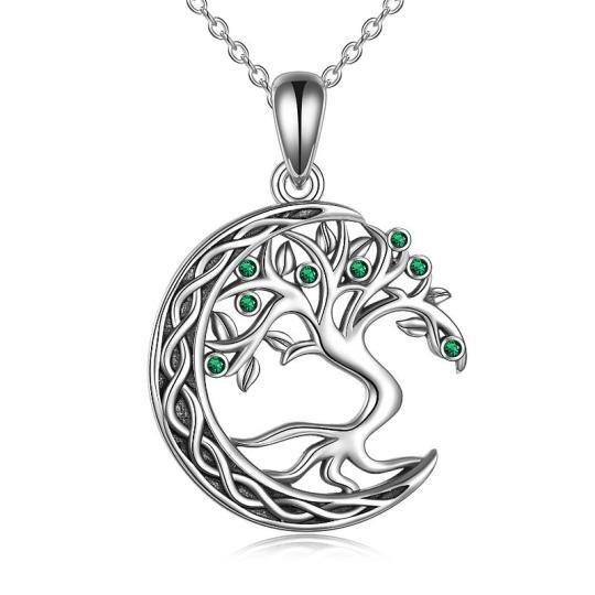 Sterling Silver Circular Shaped Cubic Zirconia Tree Of Life & Moon Pendant Necklace