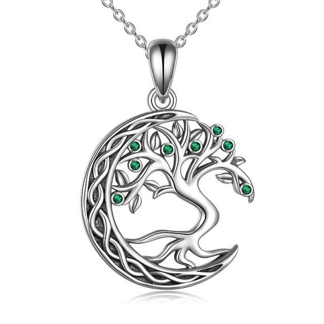 Sterling Silver Circular Shaped Cubic Zirconia Tree Of Life & Moon Pendant Necklace-5