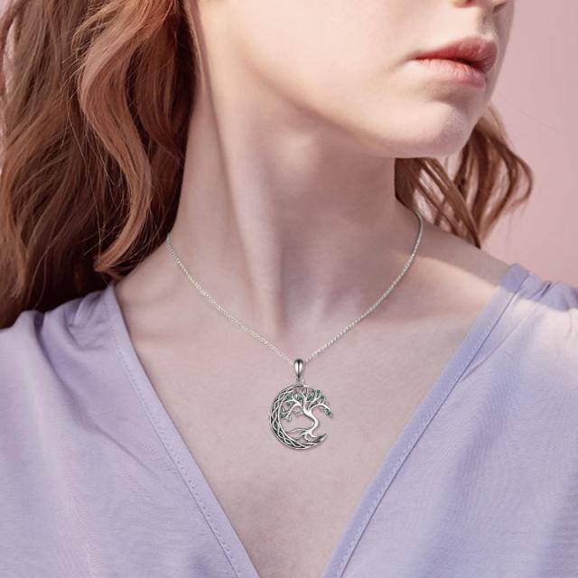 Sterling Silver Circular Shaped Cubic Zirconia Tree Of Life & Moon Pendant Necklace-2