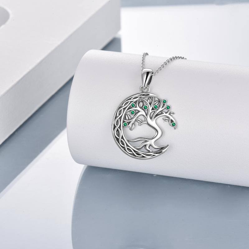 Sterling Silver Circular Shaped Cubic Zirconia Tree Of Life & Moon Pendant Necklace-3