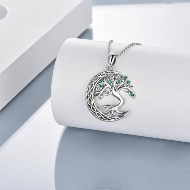 Sterling Silver Circular Shaped Cubic Zirconia Tree Of Life & Moon Pendant Necklace-3