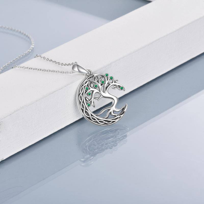 Sterling Silber kreisförmig geformt Cubic Zirkonia Baum des Lebens & Mond-Anhänger Halsket-4