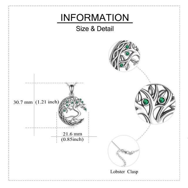 Sterling Silver Circular Shaped Cubic Zirconia Tree Of Life & Moon Pendant Necklace-5