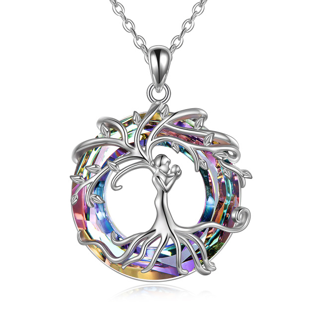 Sterling Silver Circular Shaped Tree Of Life & Parents & Children Crystal Pendant Necklace-1