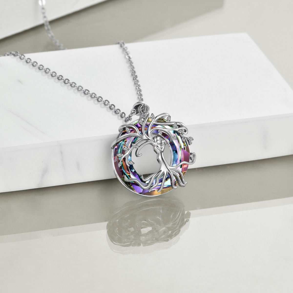 Sterling Silver Circular Shaped Tree Of Life & Parents & Children Crystal Pendant Necklace-4