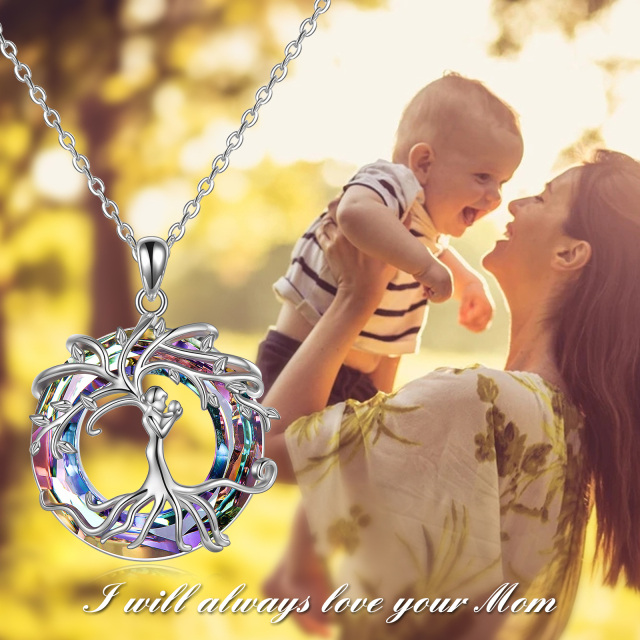 Sterling Silver Circular Shaped Tree Of Life & Parents & Children Crystal Pendant Necklace-5