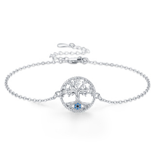 Sterling Silver Circular Shaped Cubic Zirconia Tree Of Life Pendant Bracelet-26