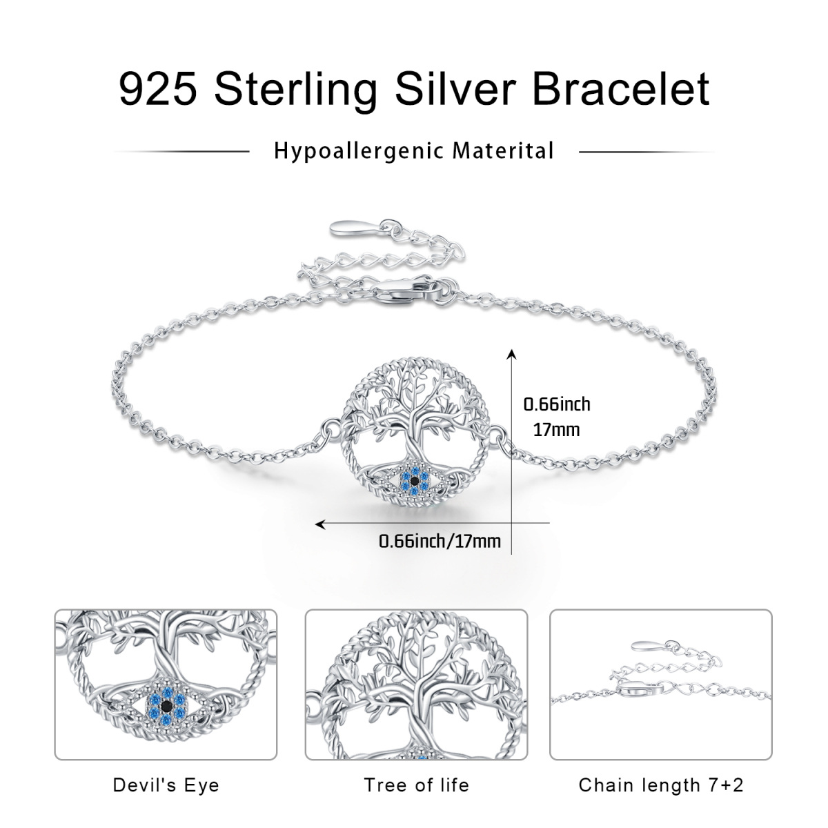 Sterling Silver Circular Shaped Cubic Zirconia Tree Of Life Pendant Bracelet-5