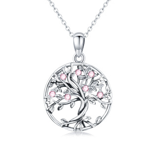 Sterling Silver Circular Shaped Cubic Zirconia Tree Of Life Pendant Necklace-43