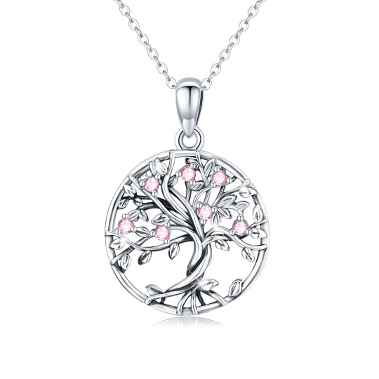 Sterling Silver Circular Shaped Cubic Zirconia Tree Of Life Pendant Necklace