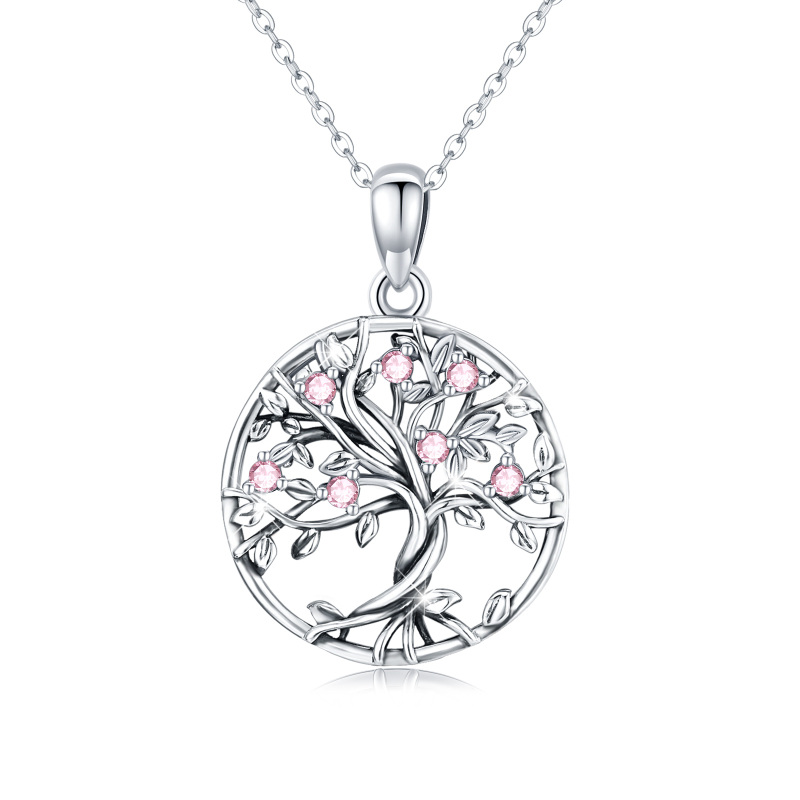 Sterling Silver Circular Shaped Cubic Zirconia Tree Of Life Pendant Necklace-18