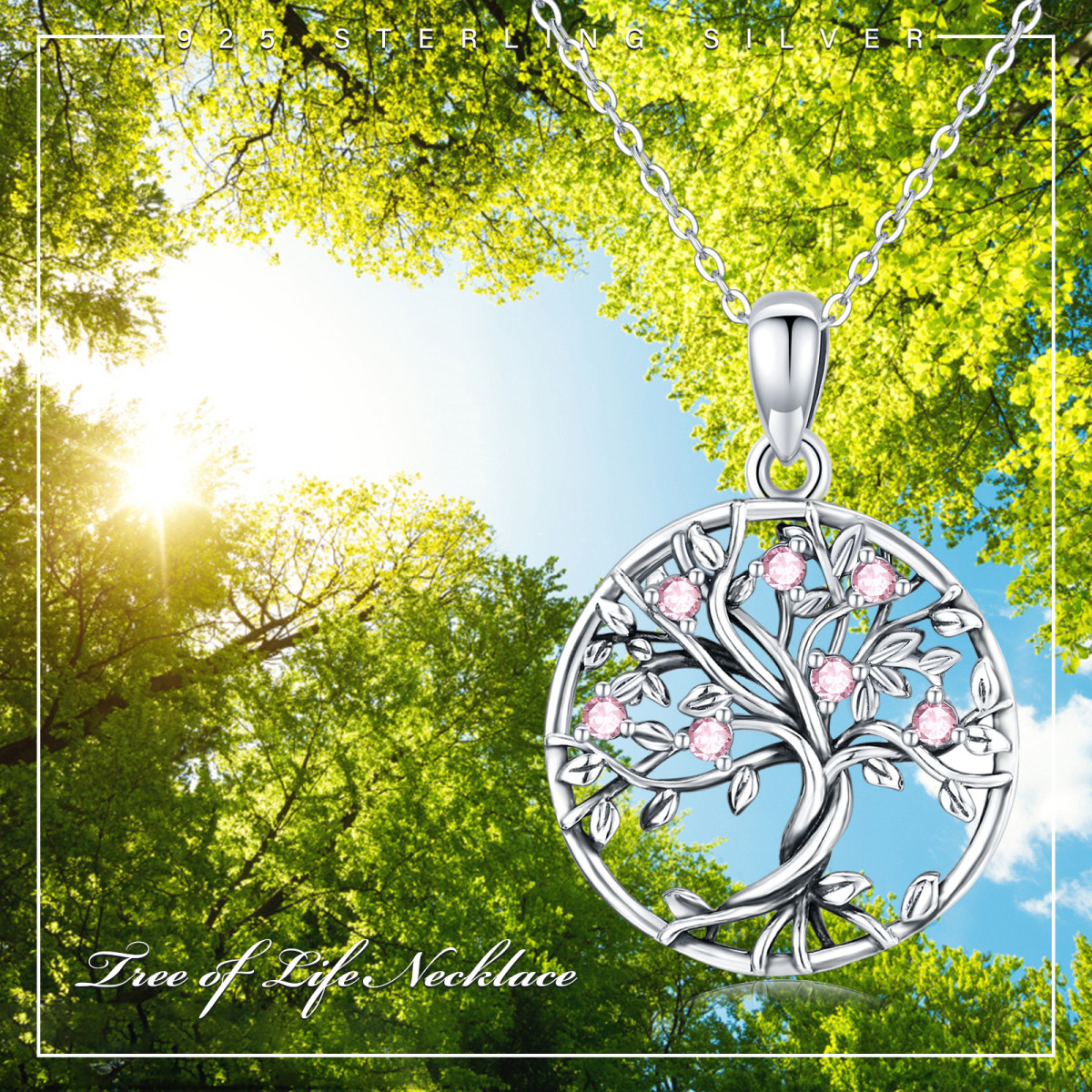 Collana con ciondolo a forma di albero della vita con zirconi circolari in argento sterling-7