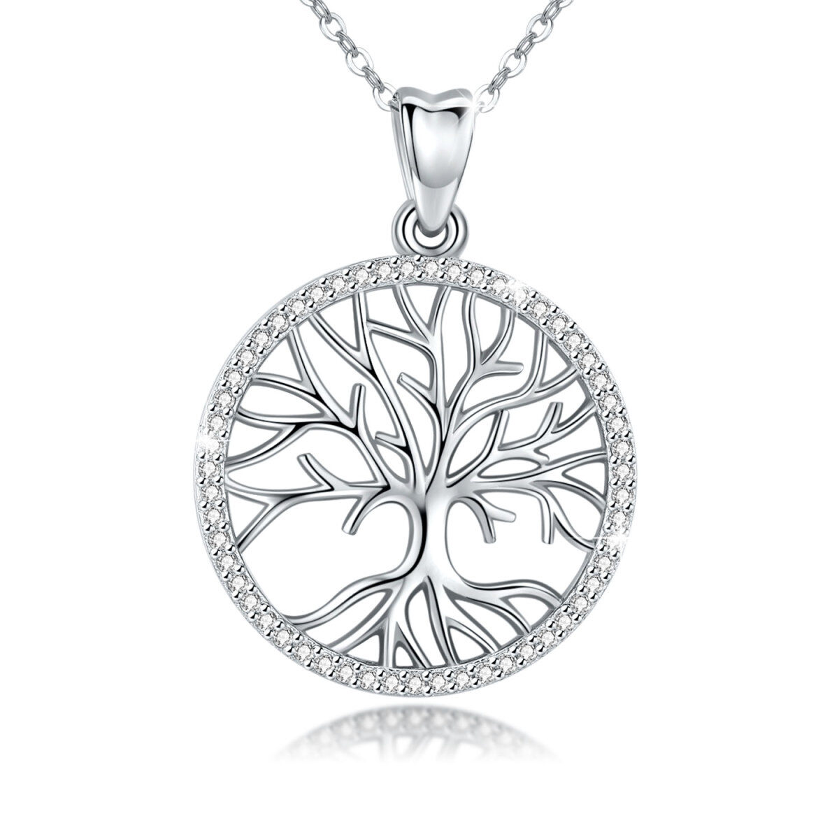 Sterling Silver Circular Shaped Cubic Zirconia Tree Of Life Pendant Necklace-1