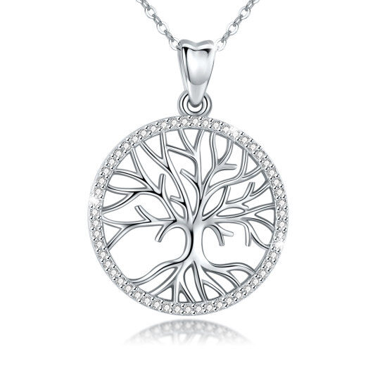 Sterling Silver Circular Shaped Cubic Zirconia Tree Of Life Pendant Necklace