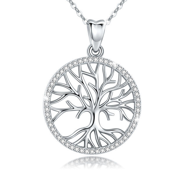 Sterling Silver Circular Shaped Cubic Zirconia Tree Of Life Pendant Necklace-1