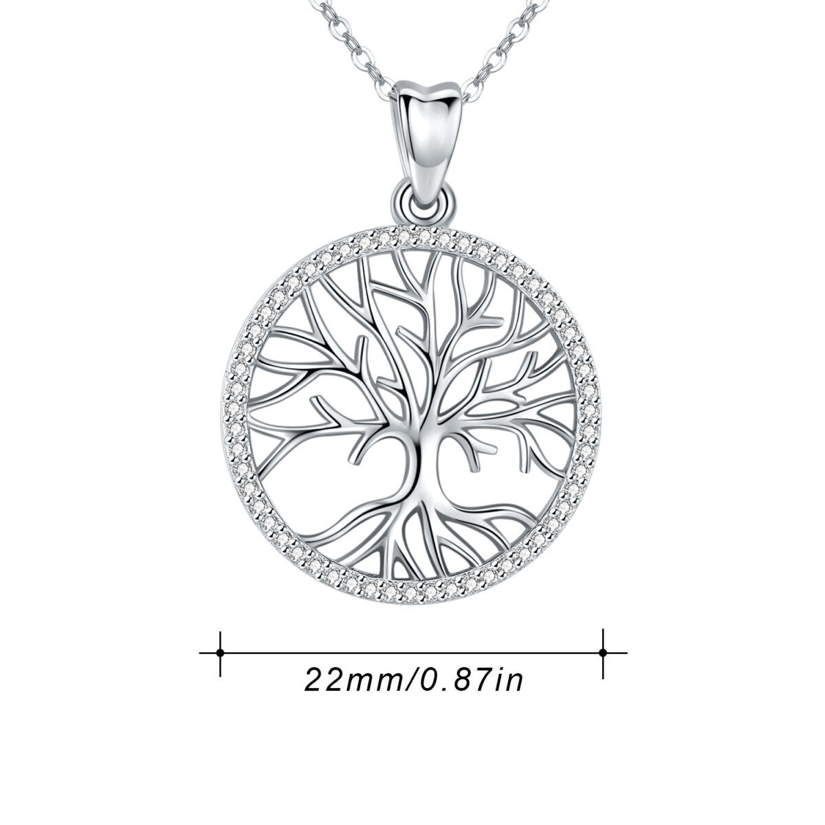 Sterling Silver Circular Shaped Cubic Zirconia Tree Of Life Pendant Necklace-5