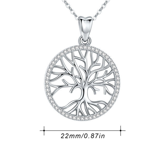 Sterling Silver Circular Shaped Cubic Zirconia Tree Of Life Pendant Necklace-5