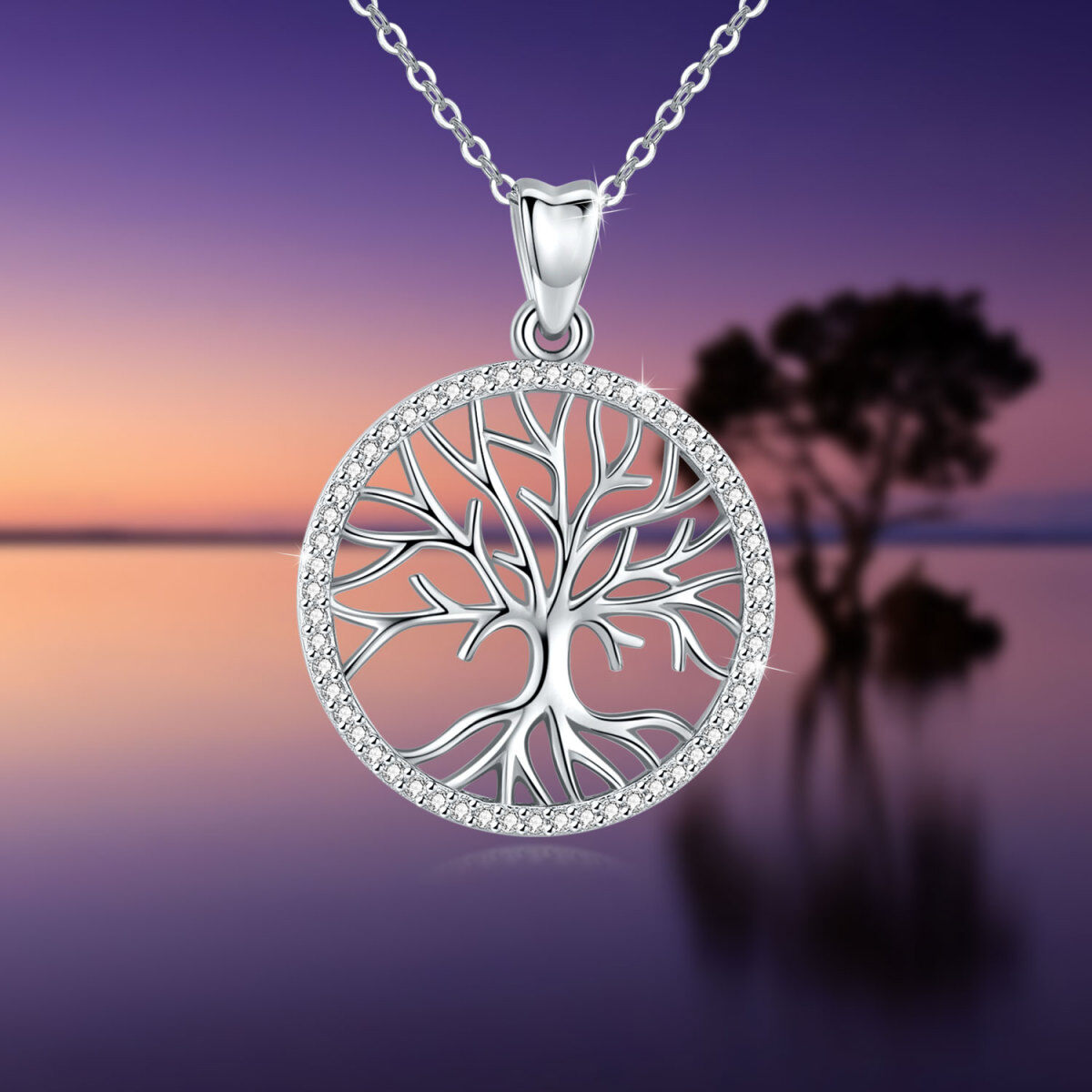 Sterling Silver Circular Shaped Cubic Zirconia Tree Of Life Pendant Necklace-6