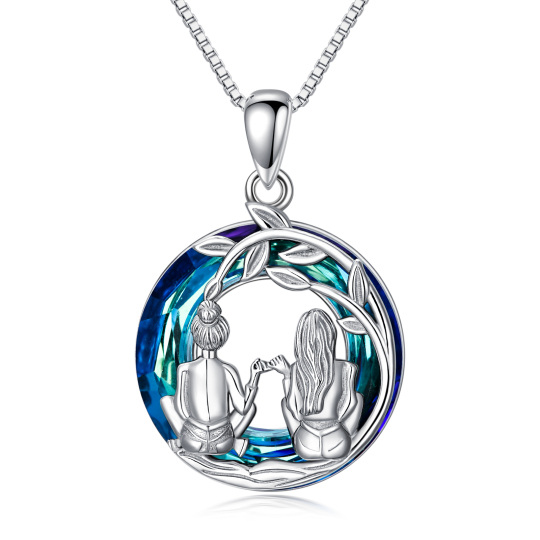 Sterling Silver Circular Shaped Tree Of Life & Sisters Crystal Pendant Necklace