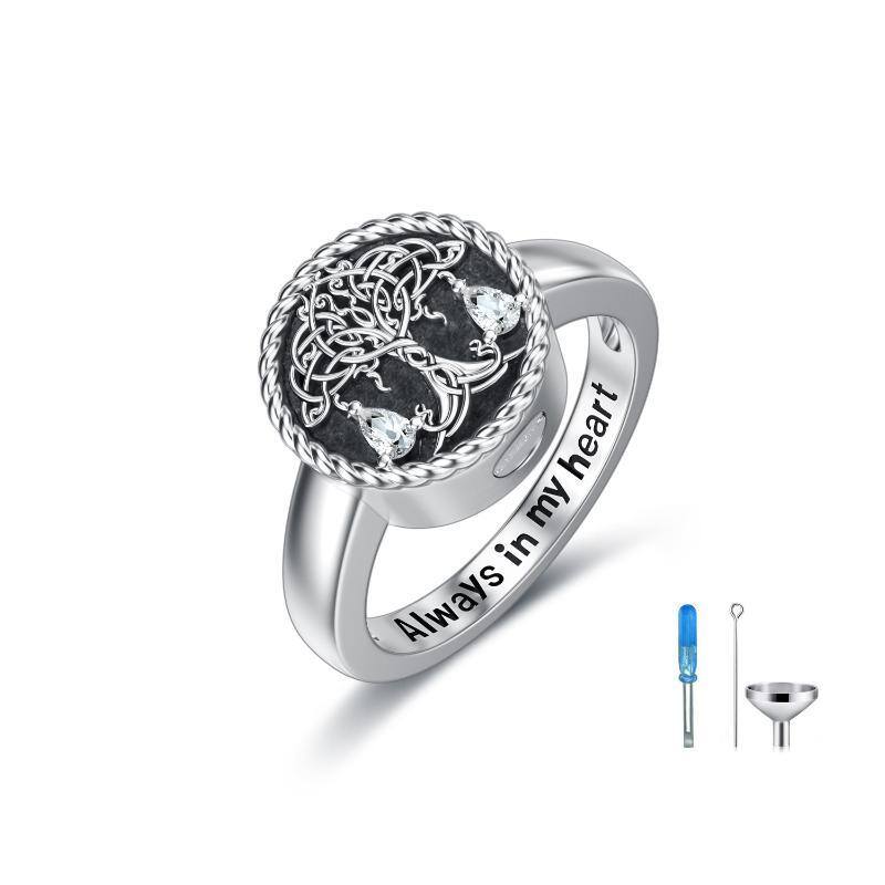 Sterling Silver Round Shaped Cubic Zirconia Tree Of Life Urn Ring-1