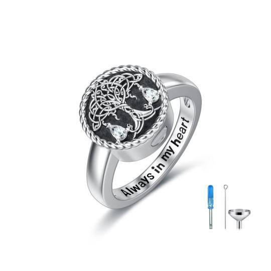 Sterling zilveren cirkelvormige cubic zirconia levensboom urnenring