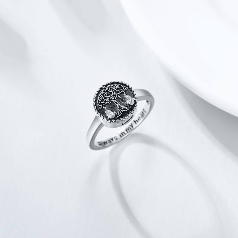 Sterling Silver Round Shaped Cubic Zirconia Tree Of Life Urn Ring-3