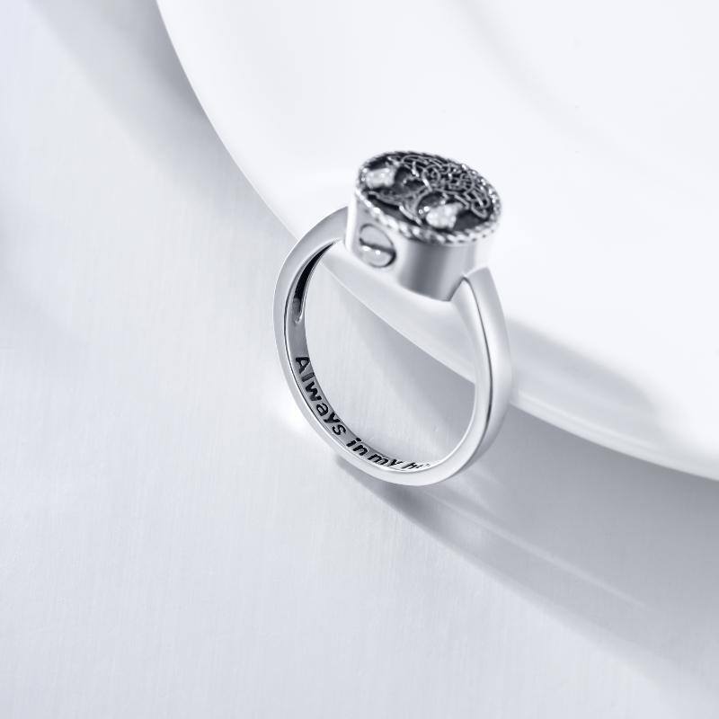 Sterling Silver Round Shaped Cubic Zirconia Tree Of Life Urn Ring-4