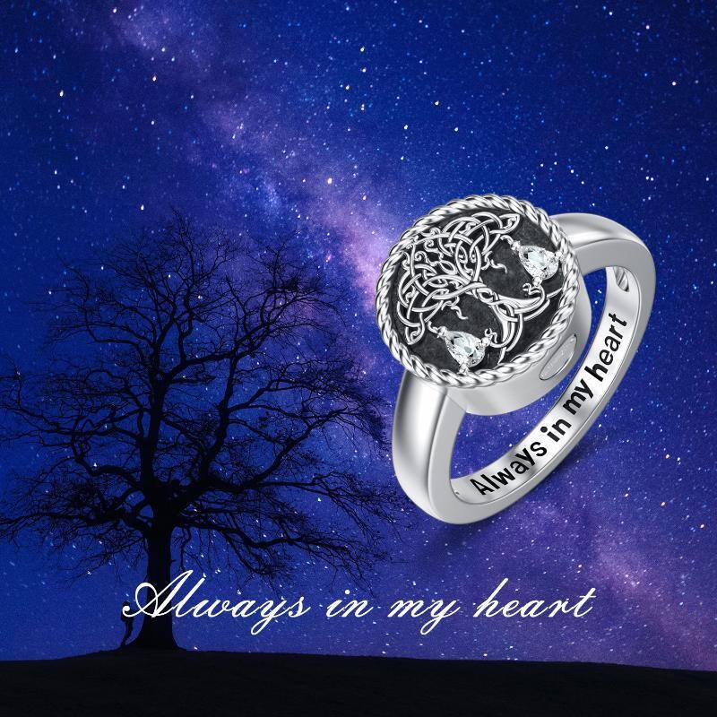 Sterling Silver Round Shaped Cubic Zirconia Tree Of Life Urn Ring-6