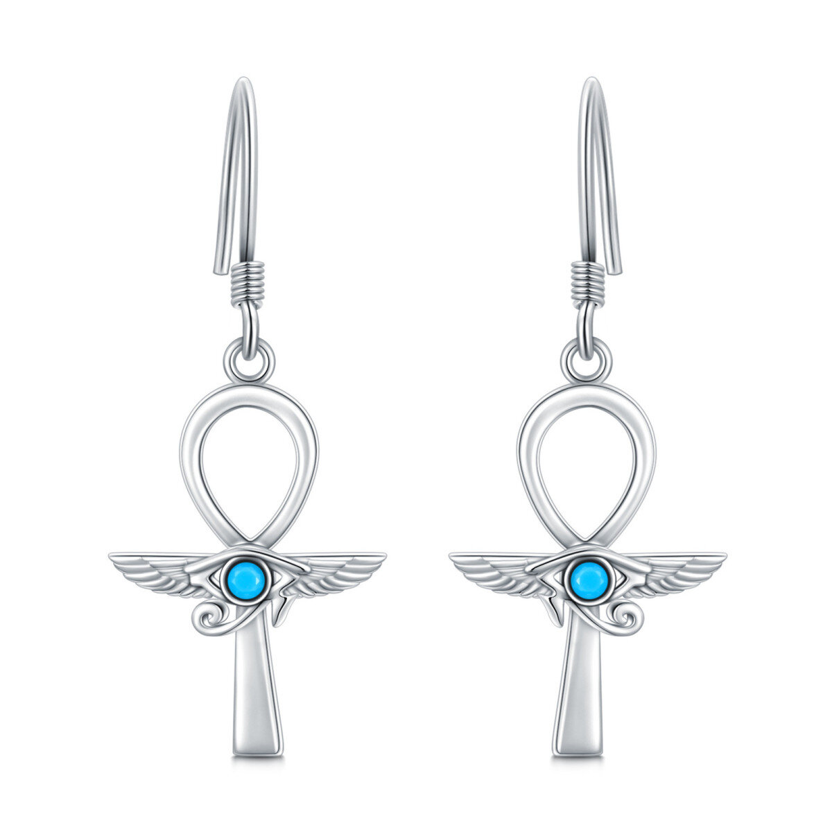 Sterling Silver Circular Shaped Turquoise Angel Wing Drop Earrings-1