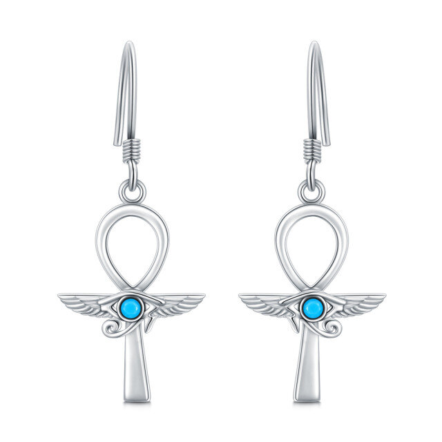 Sterling Silver Circular Shaped Turquoise Angel Wing Drop Earrings-1