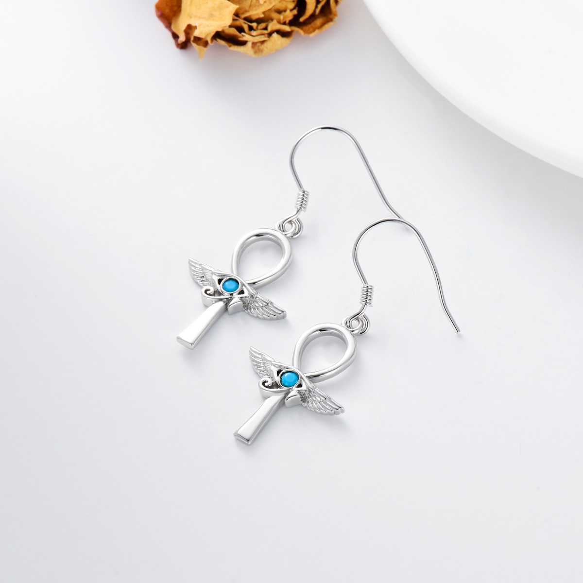 Pendants d'oreilles en argent sterling avec aile d'ange en turquoise de forme circulaire-4