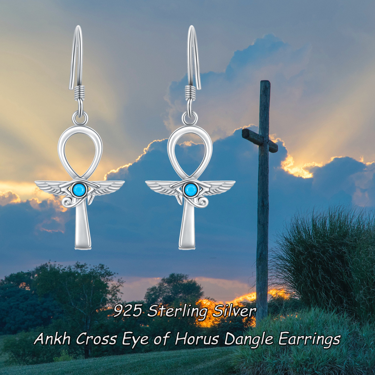 Sterling Silver Circular Shaped Turquoise Angel Wing Drop Earrings-5