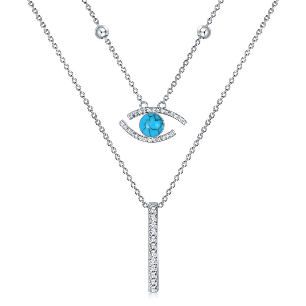 Sterling Silver Circular Shaped Turquoise Bar & Evil Eye Layered Necklace-1