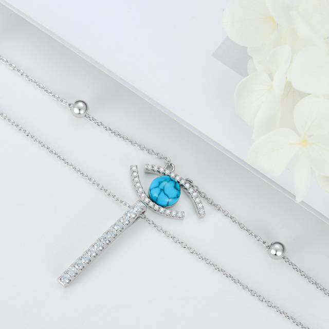 Sterling zilveren cirkelvormige turquoise staaf en boze ogen gelaagde ketting-2