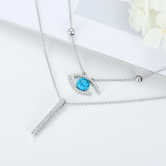 Sterling Silver Circular Shaped Turquoise Bar & Evil Eye Layered Necklace-3