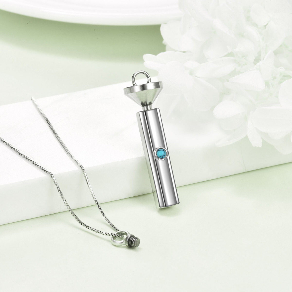 Sterling zilveren cirkelvormige turquoise staaf urnenketting voor as-4