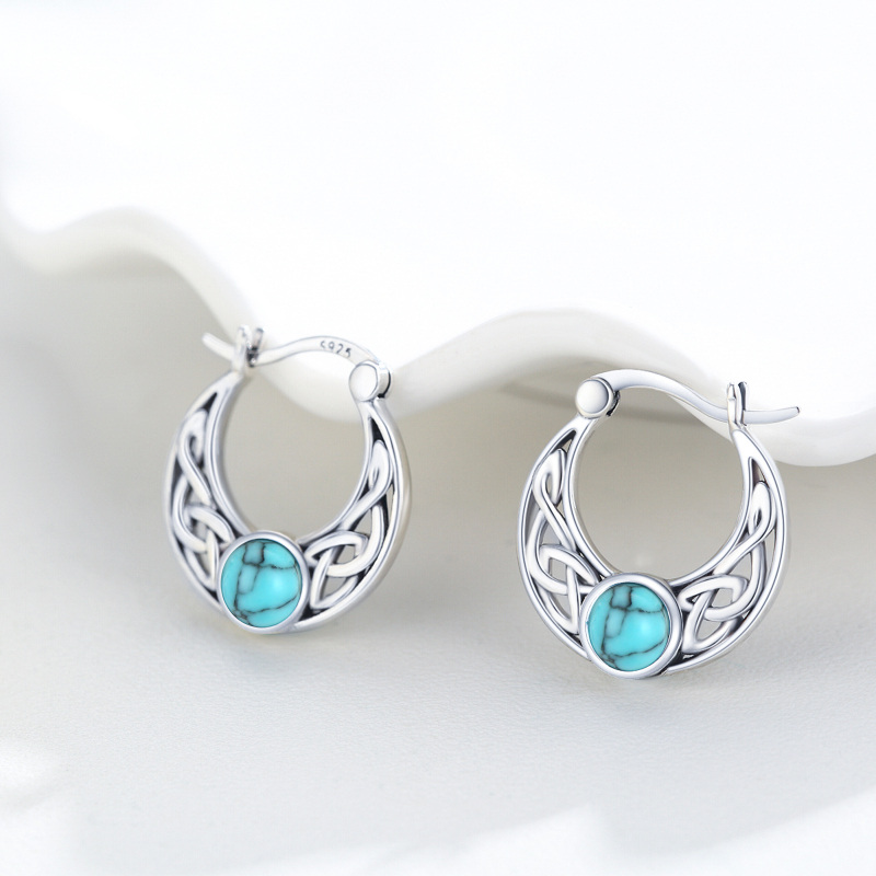 Sterling Silver Circular Shaped Turquoise Celtic Knot Hoop Earrings-3