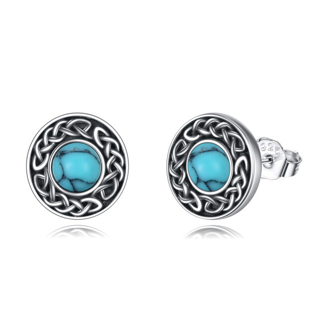 Boucles d'oreilles en argent sterling avec nœud celtique et turquoise de forme circulaire-1