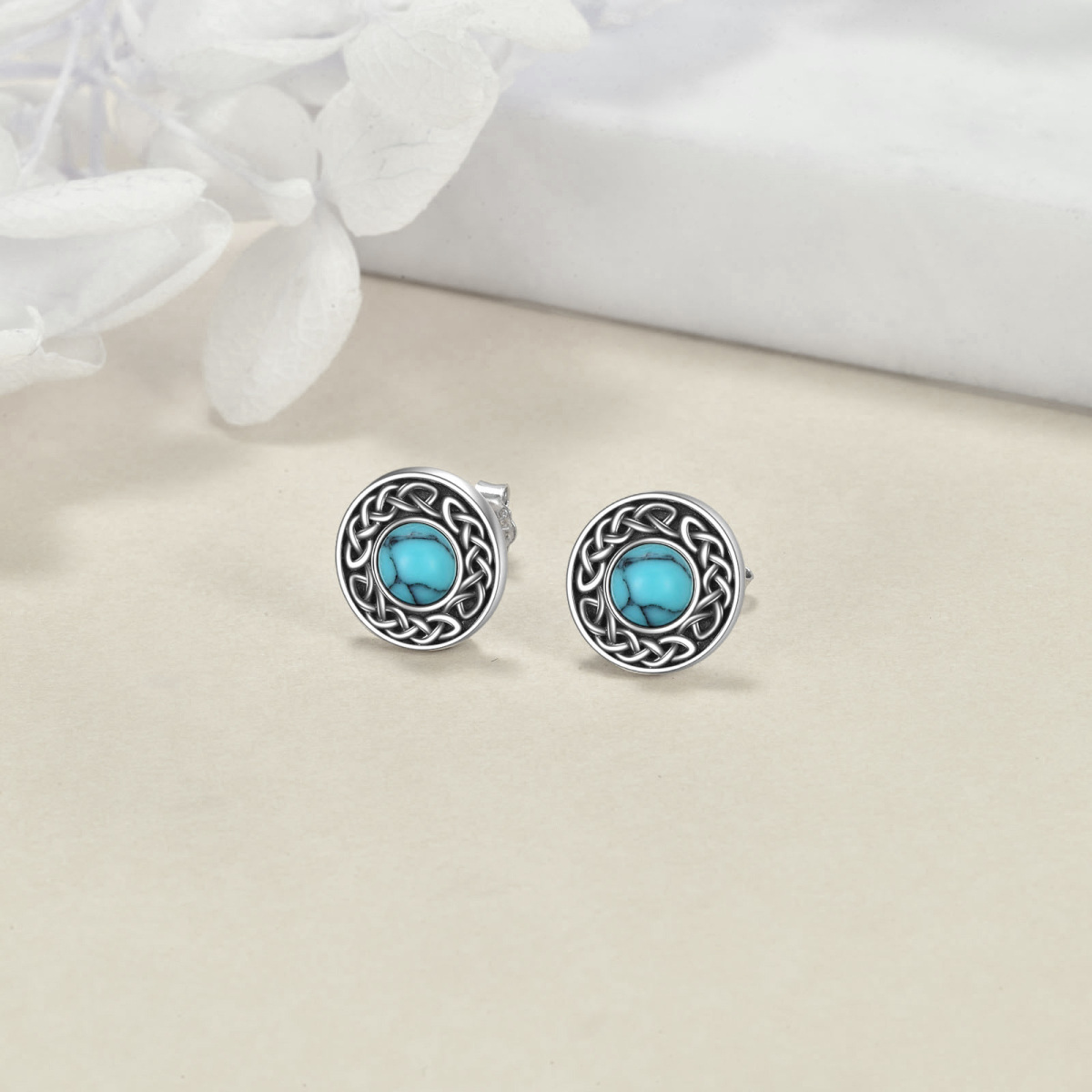 Boucles d'oreilles en argent sterling avec nœud celtique et turquoise de forme circulaire-3