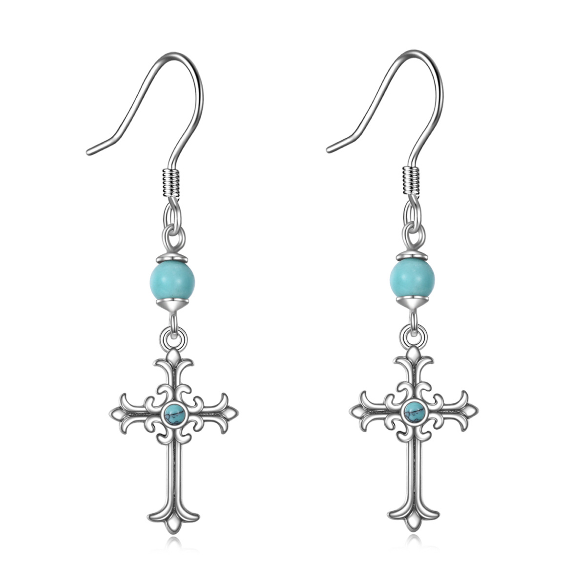 Sterling Silver Circular Shaped Turquoise Cross Drop Earrings-1