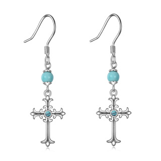 Sterling Silver Circular Shaped Turquoise Cross Drop Earrings-38